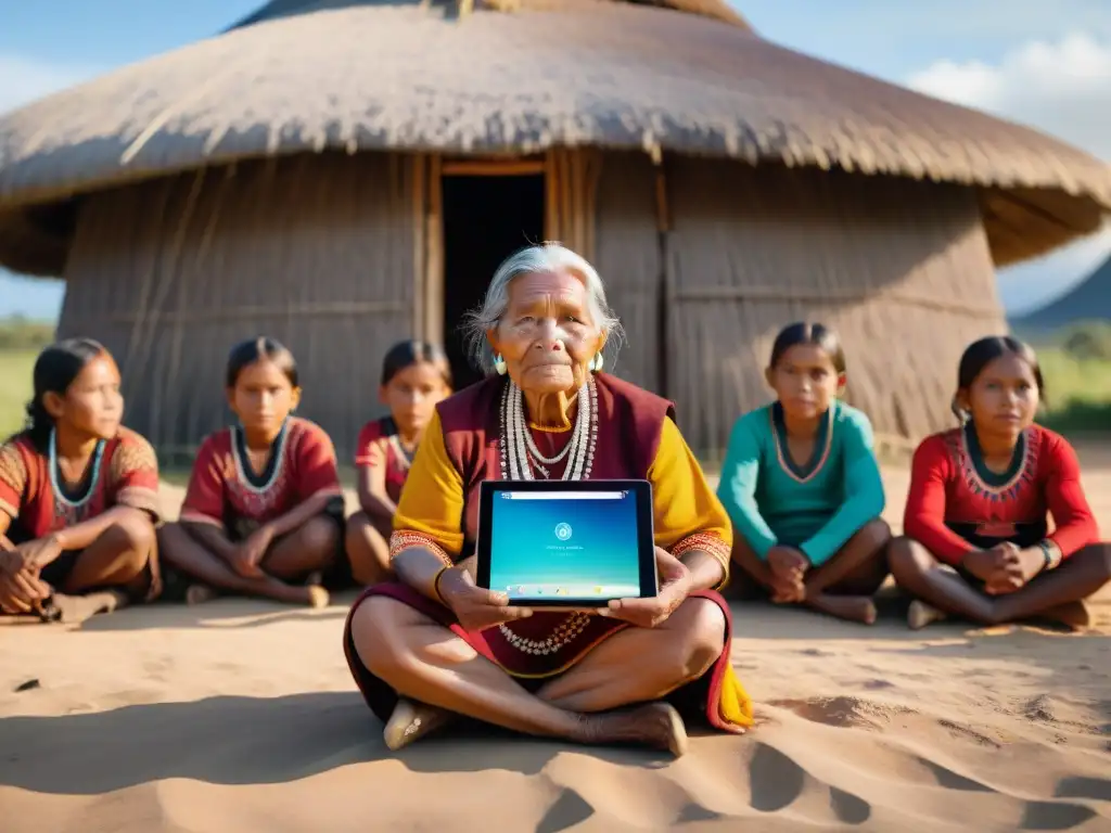 Una anciana indígena sostiene una tablet con app en lenguas indígenas, rodeada de niños, en un entorno tradicional al atardecer