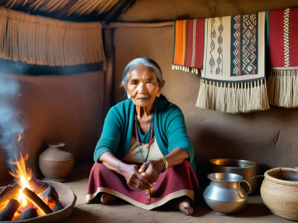 Anciana indígena tejiendo tapiz con símbolos culturales en choza tradicional iluminada por fuego: preservación cultural indígena rol ancianos