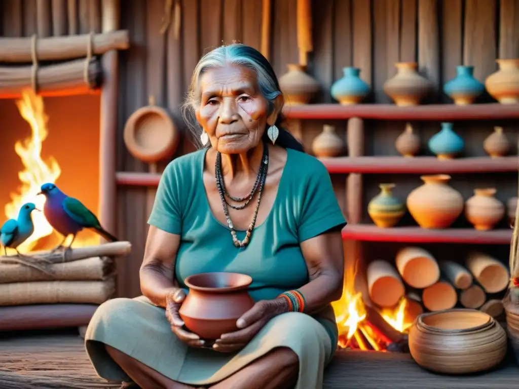 Una anciana indígena con tatuajes faciales, cuenta historias a niños en una cabaña tradicional, rodeada de libros y tejidos