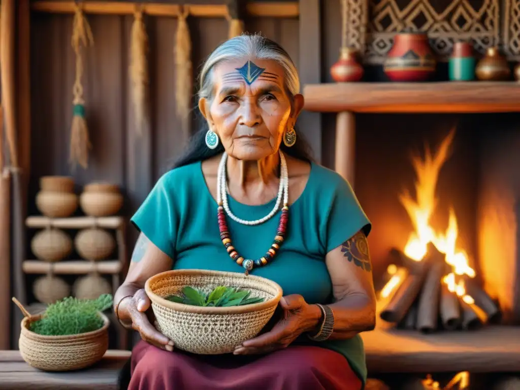 Una anciana indígena con tatuajes tradicionales, sentada frente al fuego en cabaña de madera, sosteniendo una cesta de hierbas