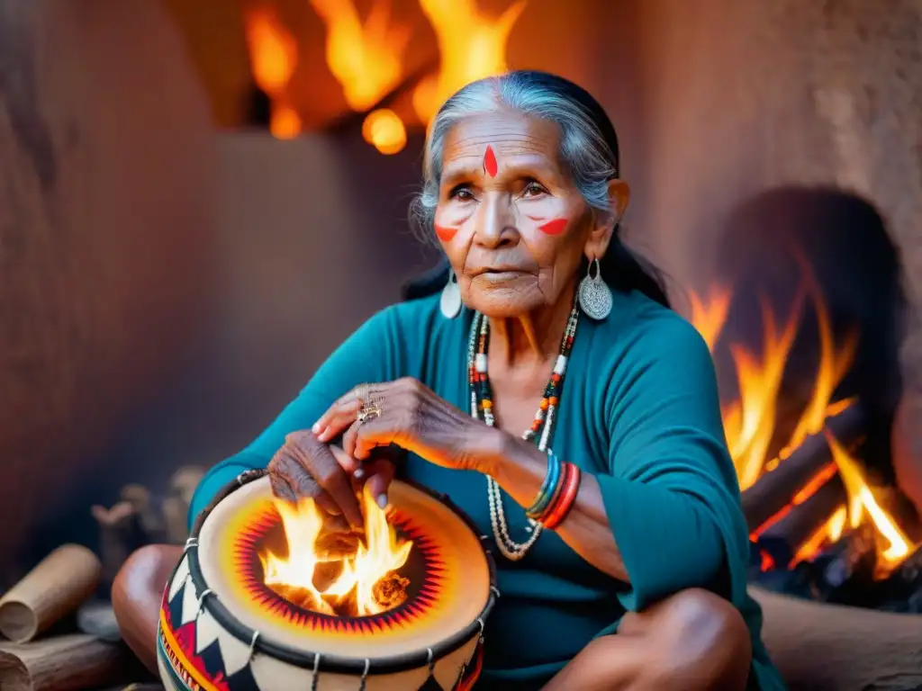 Una anciana indígena, con tatuajes tradicionales, toca un tambor frente al fuego en una habitación llena de coloridos tapices