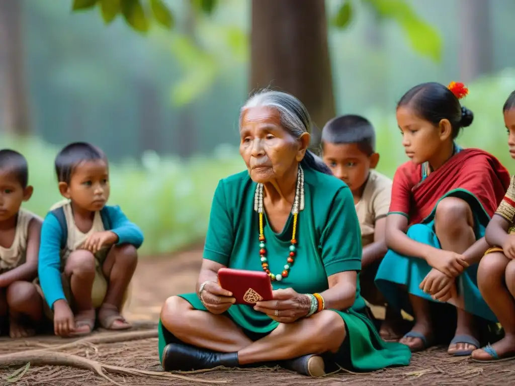 Una anciana indígena enseña tecnología aprendizaje idioma indígena a niños bajo un árbol en la selva