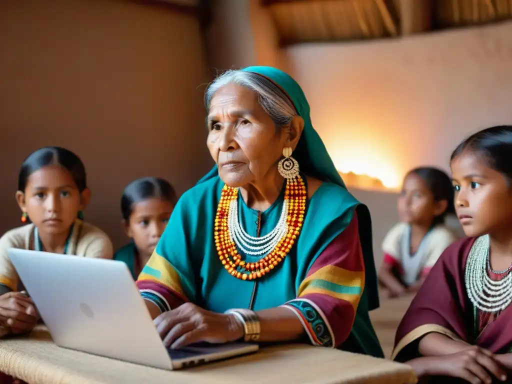 Una anciana indígena enseña tecnologías educativas a niños de su comunidad