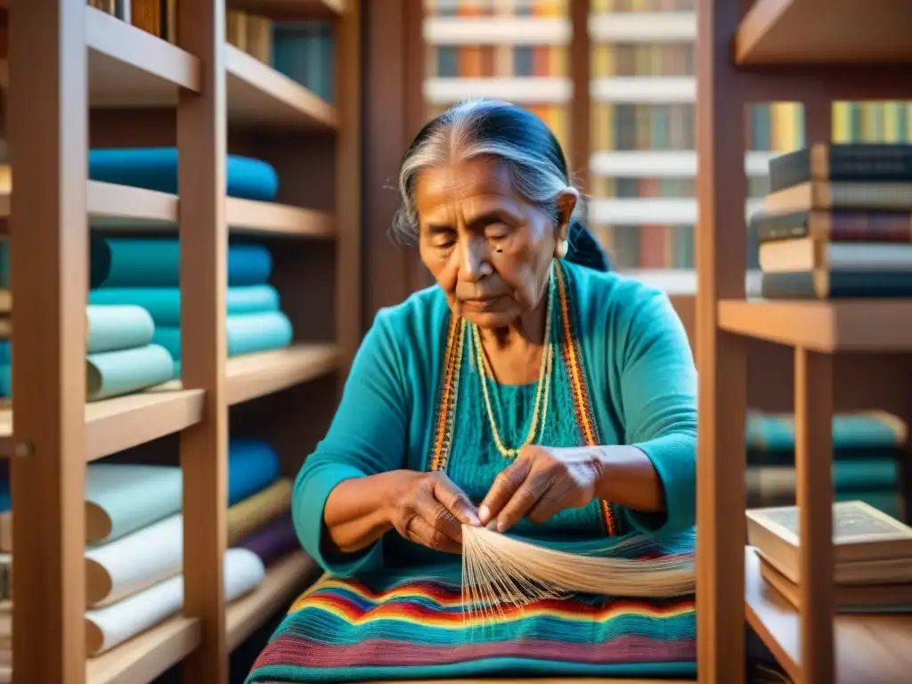 Anciana indígena tejiendo textil rodeada de libros sobre revitalización lenguas indígenas publicaciones, bañada en cálida luz natural