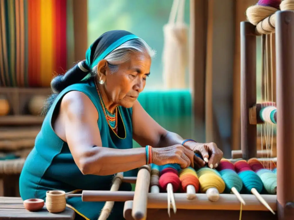 Una anciana indígena tejiendo un textil tradicional en telar de madera, rodeada de hilos de colores en una habitación soleada llena de arte indígena