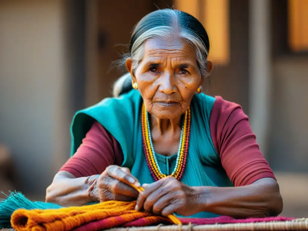 Una anciana indígena teje textiles tradicionales rodeada de lanas coloridas y tintes naturales, mostrando la herencia cultural en una comunidad rural