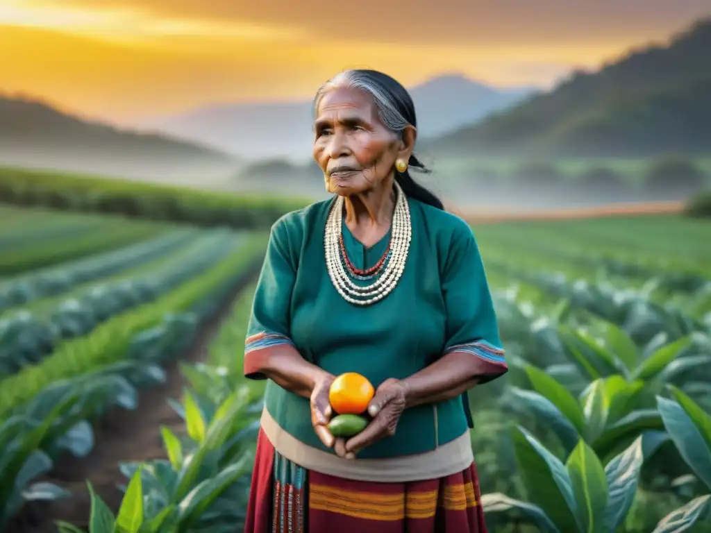 Anciana indígena muestra la conexión a la tierra y la lucha indígena por soberanía alimentaria en campo colorido al atardecer