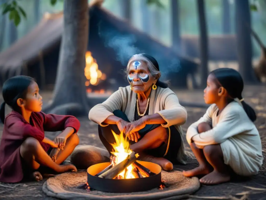 Anciana indígena comparte tradiciones orales junto a niños en la selva