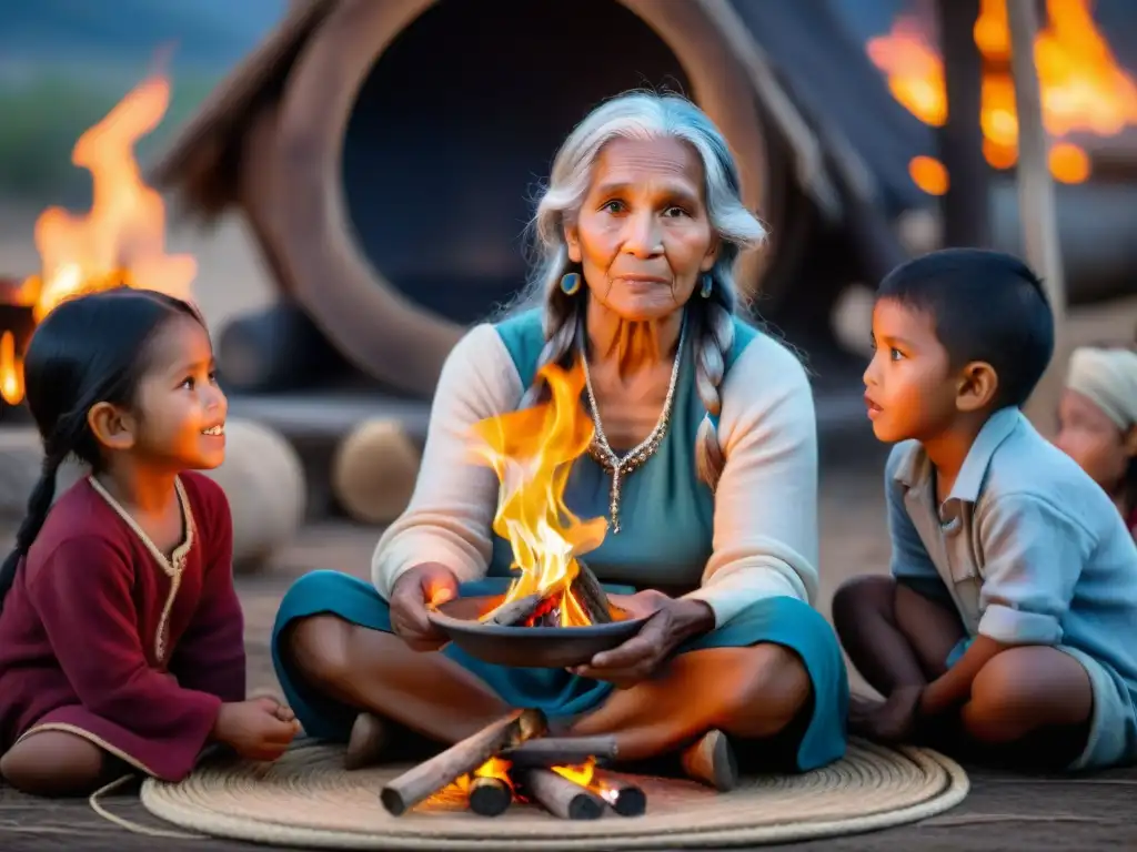 Anciana indígena comparte tradiciones orales junto a niños alrededor del fuego, resguardando la Documentación de tradiciones indígenas orales