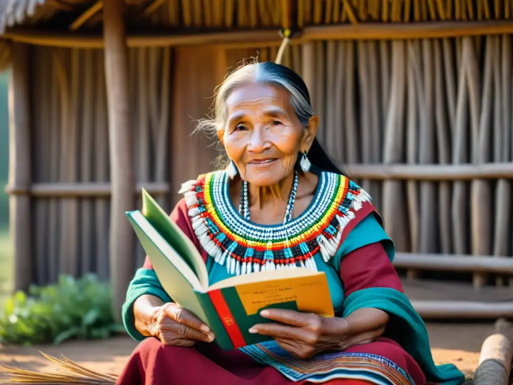 Una anciana indígena con vestimenta tradicional colorida sostiene un libro antiguo, rodeada de naturaleza exuberante