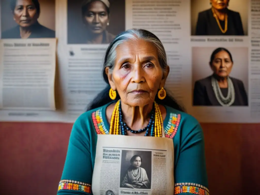 Una anciana indígena, con vestimenta tradicional, sostiene una foto en una habitación llena de historia y desafíos de justicia para mujeres indígenas