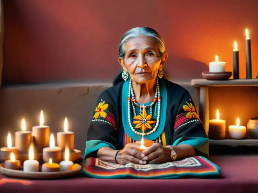 Una anciana con manos curtidas, viste trajes Náhuatl, rodeada de velas