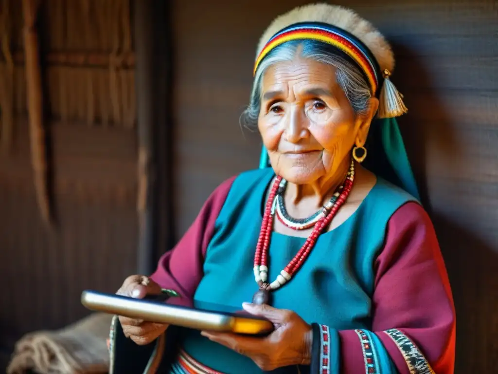 Anciana mapuche en cuarto con arte y tecnología, aprendiendo idioma ancestral virtual