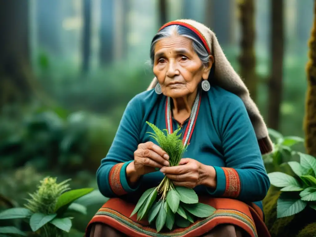 Anciana Mapuche recolectando hierbas medicinales en el bosque: sabiduría ancestral y conexión con la naturaleza