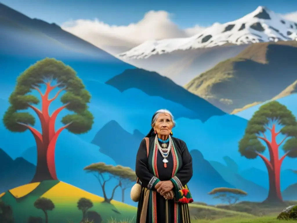 Anciana Mapuche en vestimenta tradicional frente a mural de Resistencia Mapuche en Chile, rodeada de naturaleza