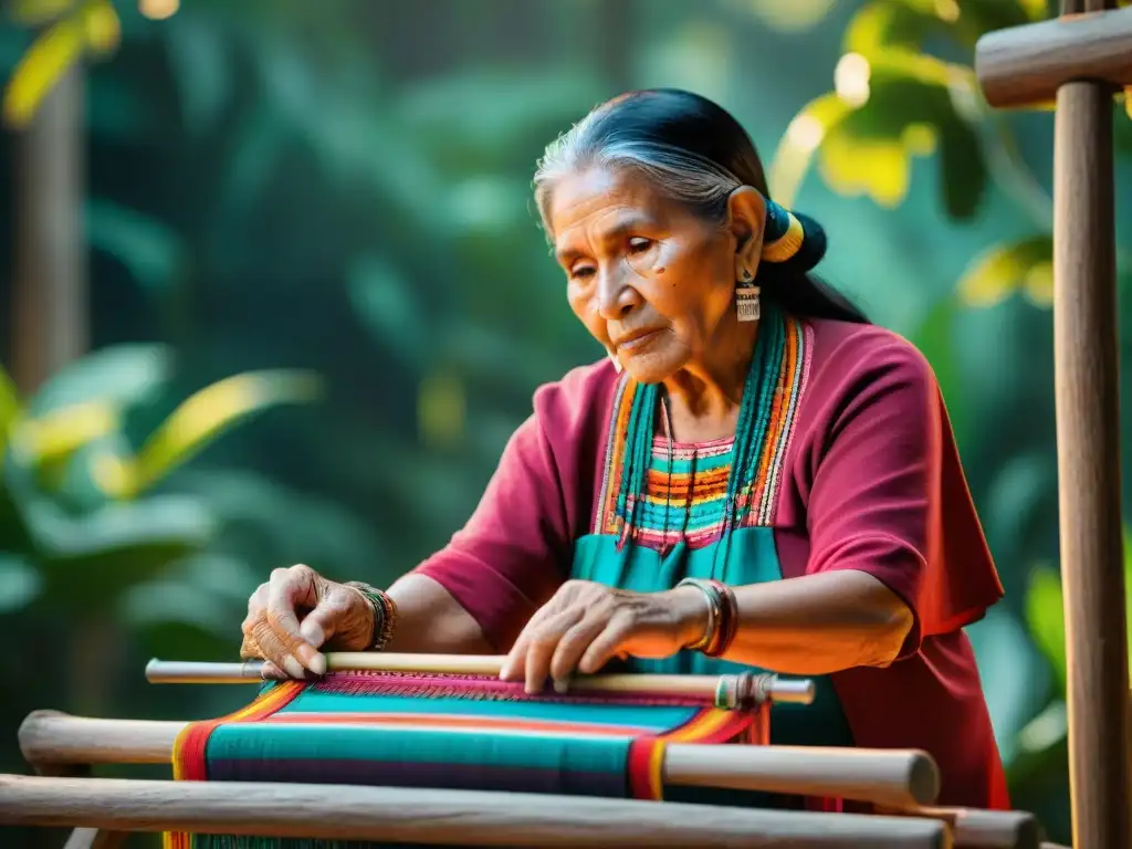 Anciana maya tejiendo patrones coloridos en un telar, con la luz del atardecer entre la vegetación