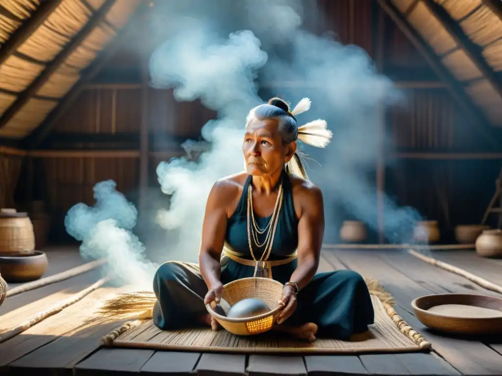 Una anciana mujer Mohawk teje una cesta tradicional en una gran casa de madera, mostrando la Crianza en familias Mohawk contemporáneas