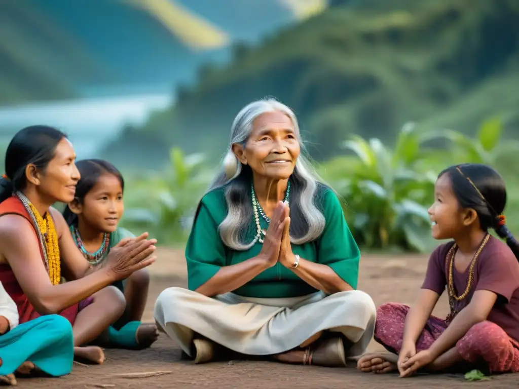 Una anciana mujer indígena cuenta historias a niños en comunidad, rodeada de naturaleza