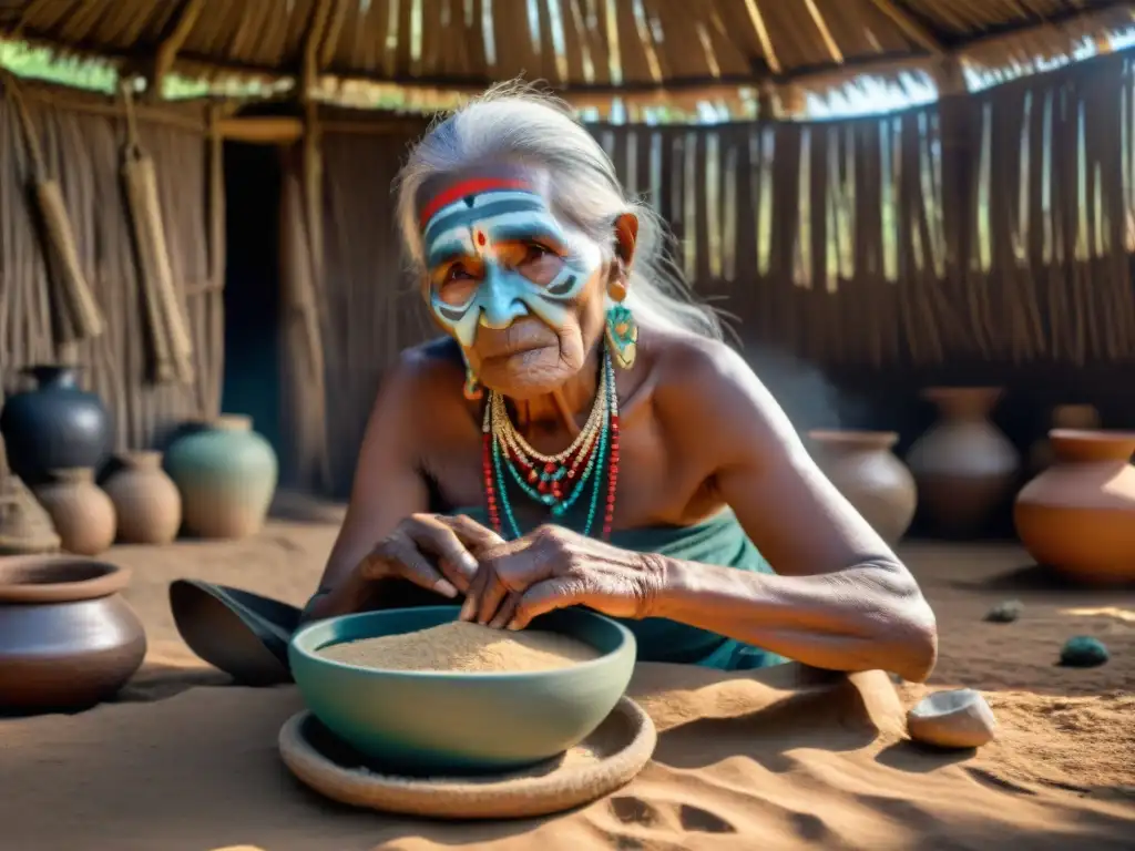 Una anciana mujer indígena, con rostro curtido y pintura tradicional, mezcla hierbas y huesos en una choza iluminada por rayos de sol