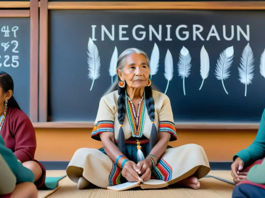 Una anciana mujer indígena comparte sabiduría ancestral en aula llena de niños indígenas