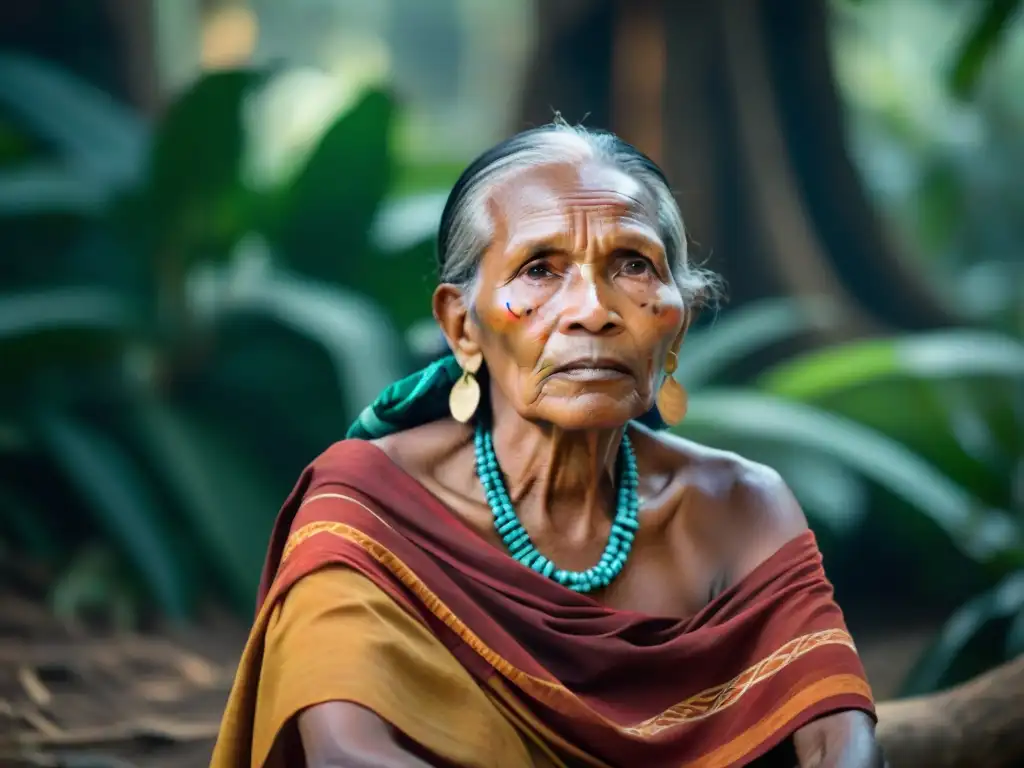 Una anciana mujer indígena Saramaka, vestida con textiles tradicionales, bajo un árbol en la selva de Surinam