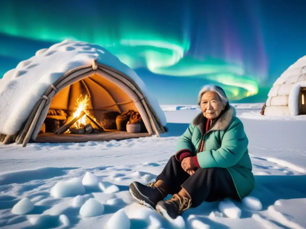 Una anciana mujer inuit transmite sabiduría y cultura entre generaciones en un iglú con esculturas de hielo, resaltando la conservación