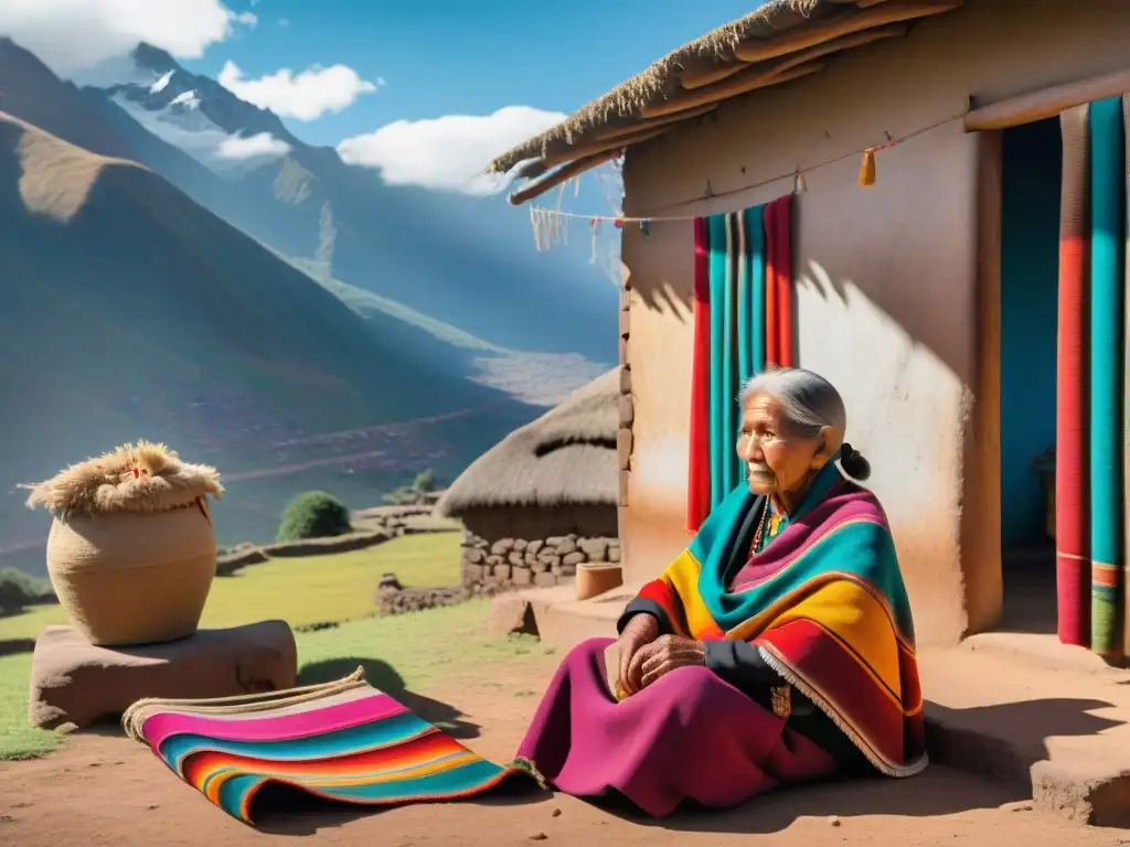 Una anciana mujer Jaqaru tejiendo con destreza en su telar tradicional frente a su casa de adobe, rodeada de textiles andinos secándose al sol