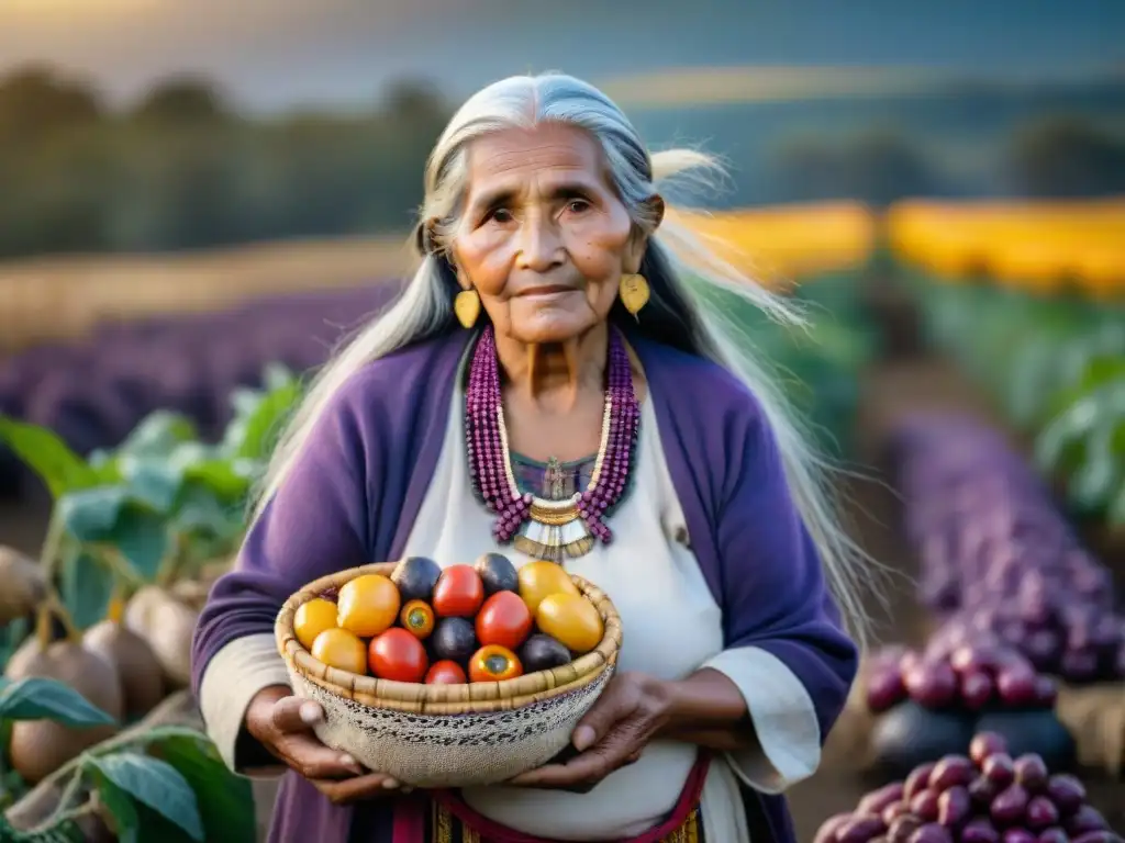 Una anciana mujer Mapuche con largos cabellos plateados, viste atuendo indígena tradicional, posando frente a un campo de papas moradas y amarillas