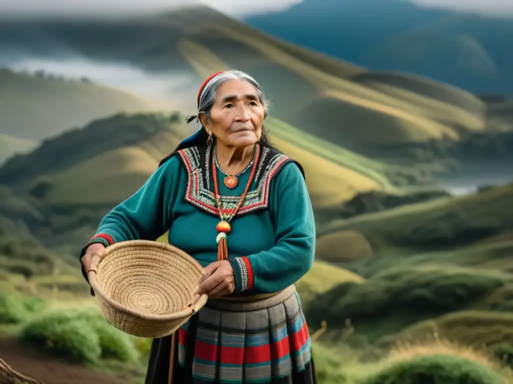 Una anciana mujer Mapuche con vestimenta tradicional observa con determinación, sosteniendo una cesta tejida