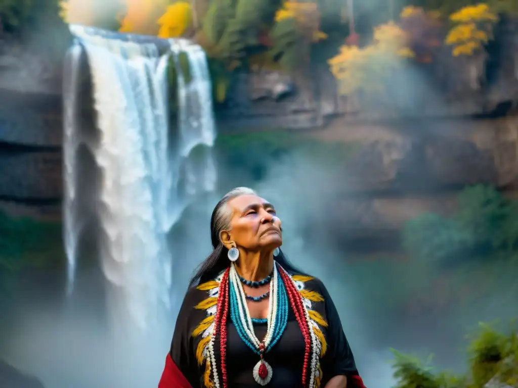 Guardiana Mohawk en éxtasis junto a la cascada Una anciana mujer Mohawk en regalia tradicional junto a una cascada, conectando con la naturaleza en reverencia