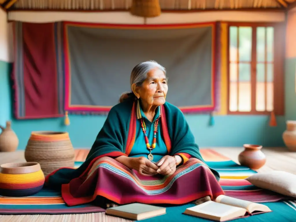 Una anciana mujer quechua enseña a diverso grupo aprender quechua desde casa en ambiente acogedor y lleno de sabiduría ancestral