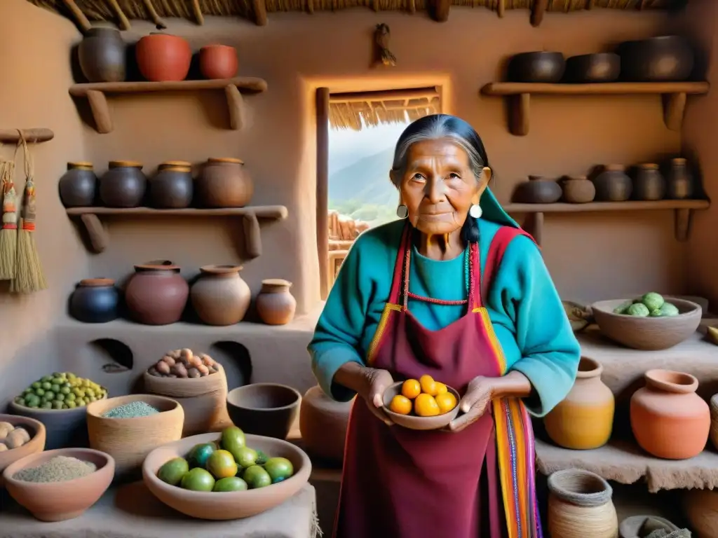 Una anciana mujer Quechua, experta en técnicas de conservación de alimentos, prepara ingredientes en una cocina rústica