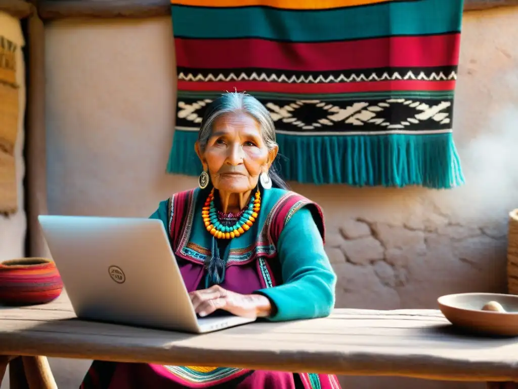 Una anciana mujer quechua, viste ropa tradicional colorida, en una habitación iluminada con textiles andinos vibrantes