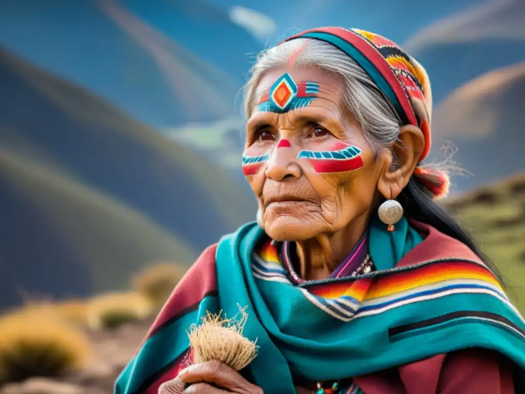 Una anciana mujer quechua en vestimenta tradicional, con pintura facial, frente a los imponentes Andes