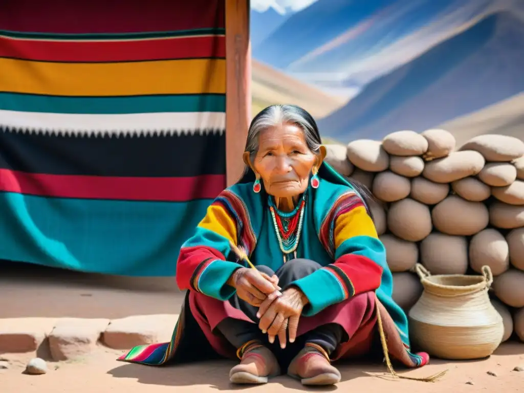 Una anciana mujer aimara tejiendo textiles, con ropas tradicionales coloridas, frente a los Andes