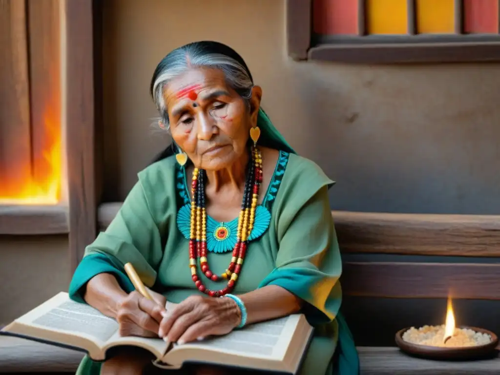 La anciana mujer Náhuatl, en su vestimenta tradicional, lee un libro con texto en Náhuatl frente a un altar con incienso de copal