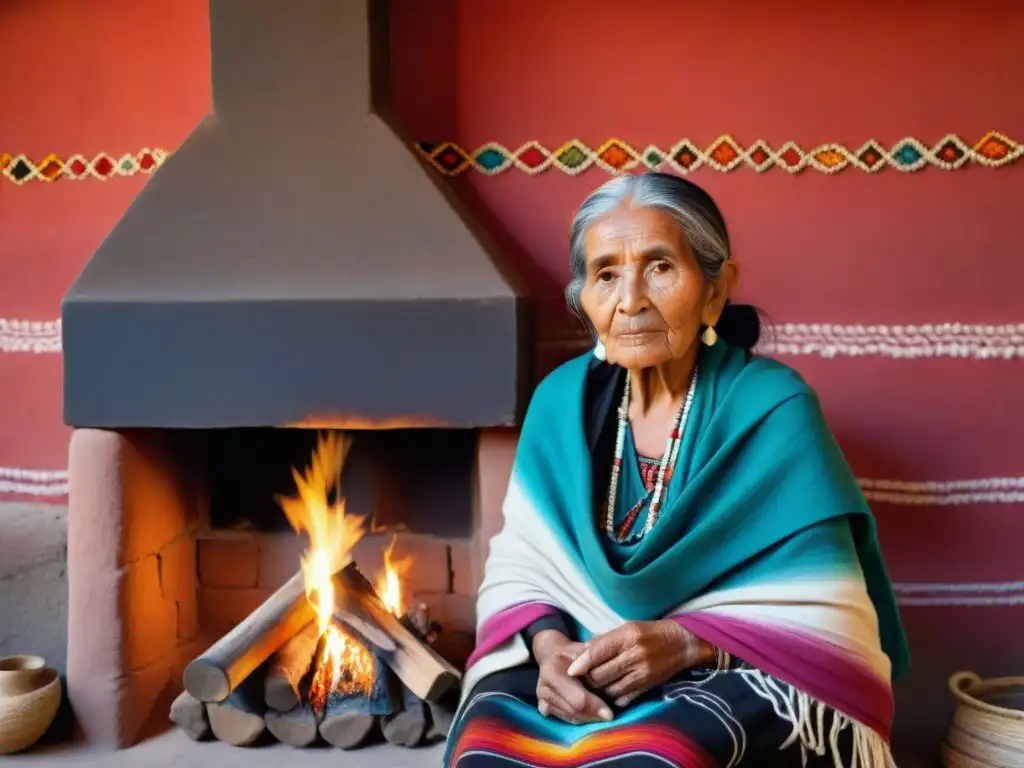 Anciana Náhuatl tejiendo un rebozo en su hogar tradicional, reflejando el resurgimiento de la lengua y la historia