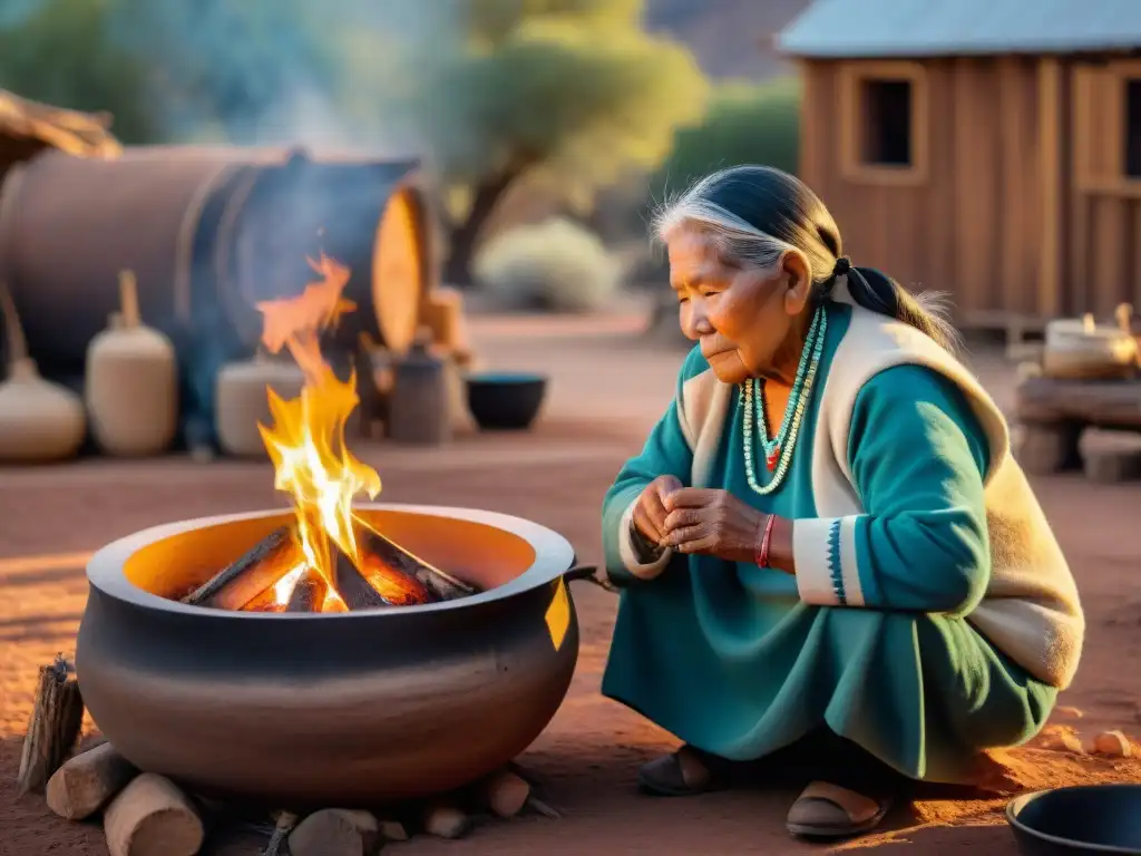 Una anciana navaja en atuendo tradicional remueve una olla de ingredientes fermentados junto a una fogata, con jóvenes de la comunidad atentos