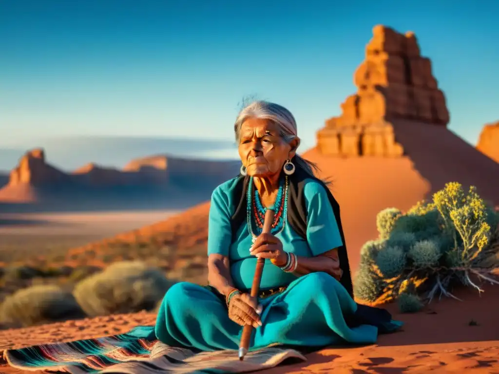 Anciana navaja tocando flauta en el desierto, rodeada de rocas coloridas