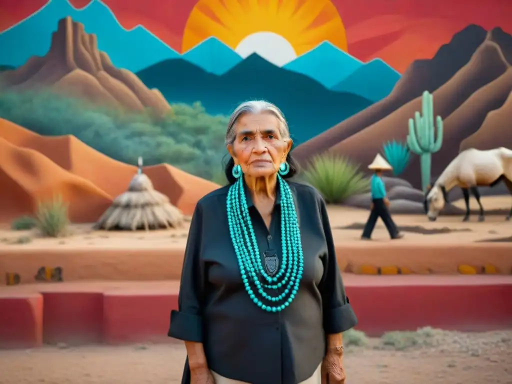 Anciana Yaqui orgullosa frente a mural de tradiciones y lucha por derechos