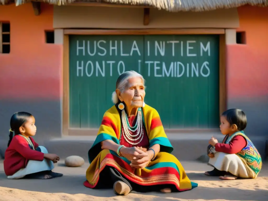 Una anciana Otomí enseña a niños la lengua y cultura indígena Otomí, rodeados de color y tradición