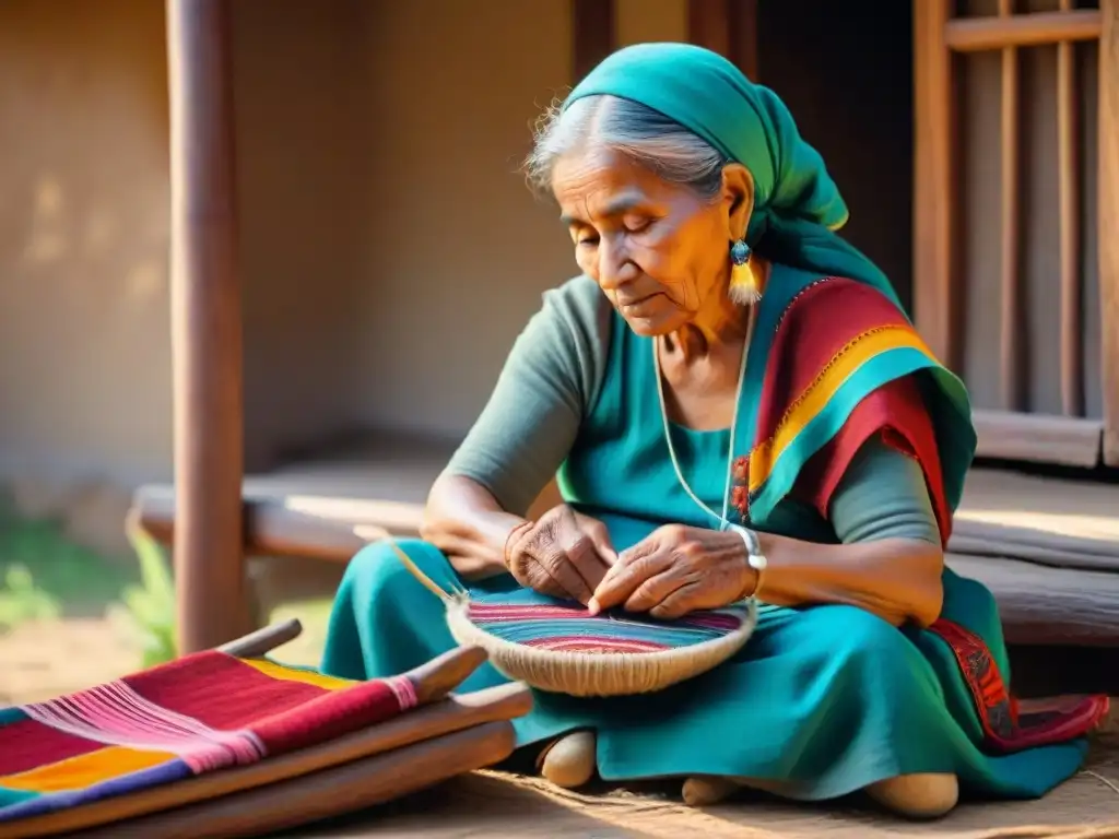 Anciana Rarámuri tejiendo patrones con hilo brillante en su casa tradicional de adobe