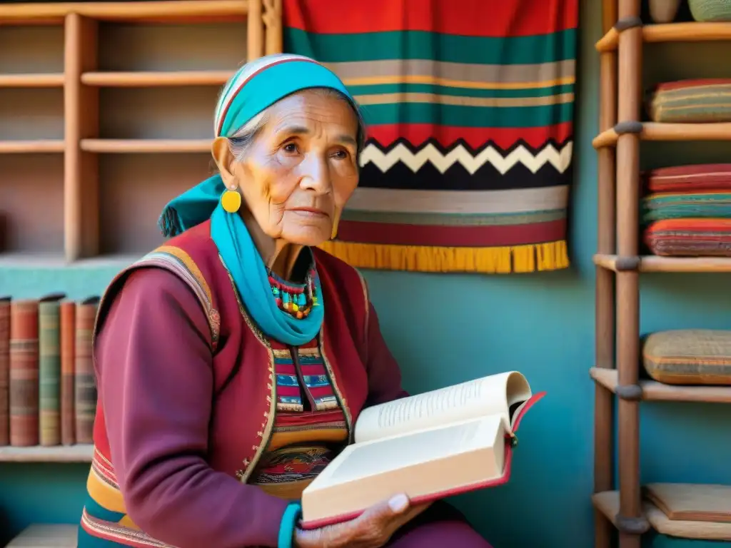 Una anciana Quechua practica frases en un cuarto lleno de libros y tapices, dedicada a aprender quechua desde casa