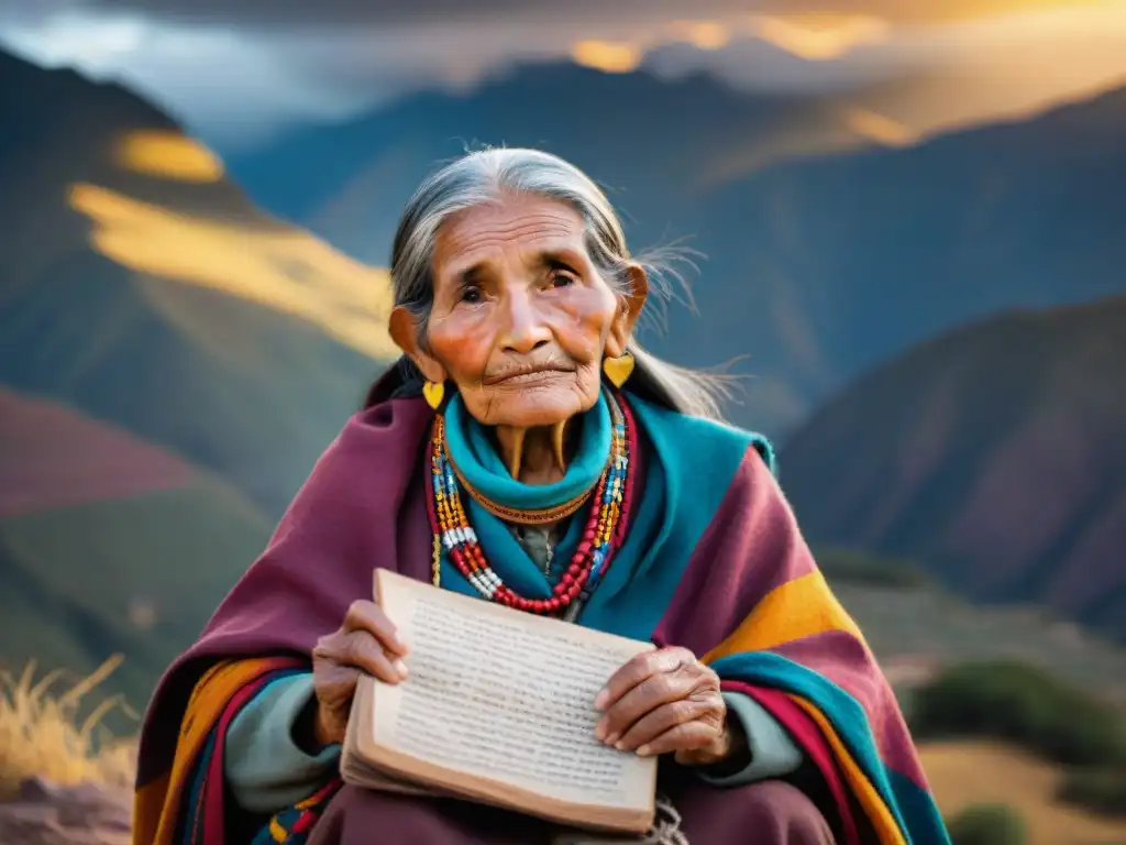 Anciana Quechua con poesía en mano, mirada sabia en los Andes al atardecer