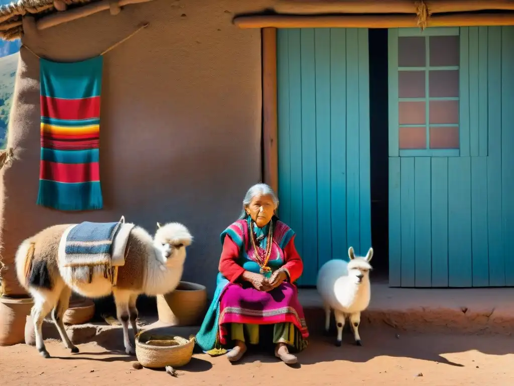 Anciana quechua tejiendo textiles entre llamas en los Andes