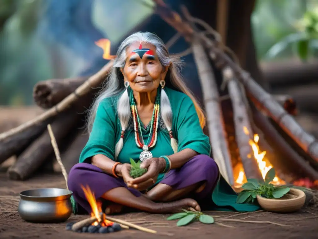 Anciana indígena sabia y sanadora, rodeada de plantas y herramientas, con atuendo tradicional colorido