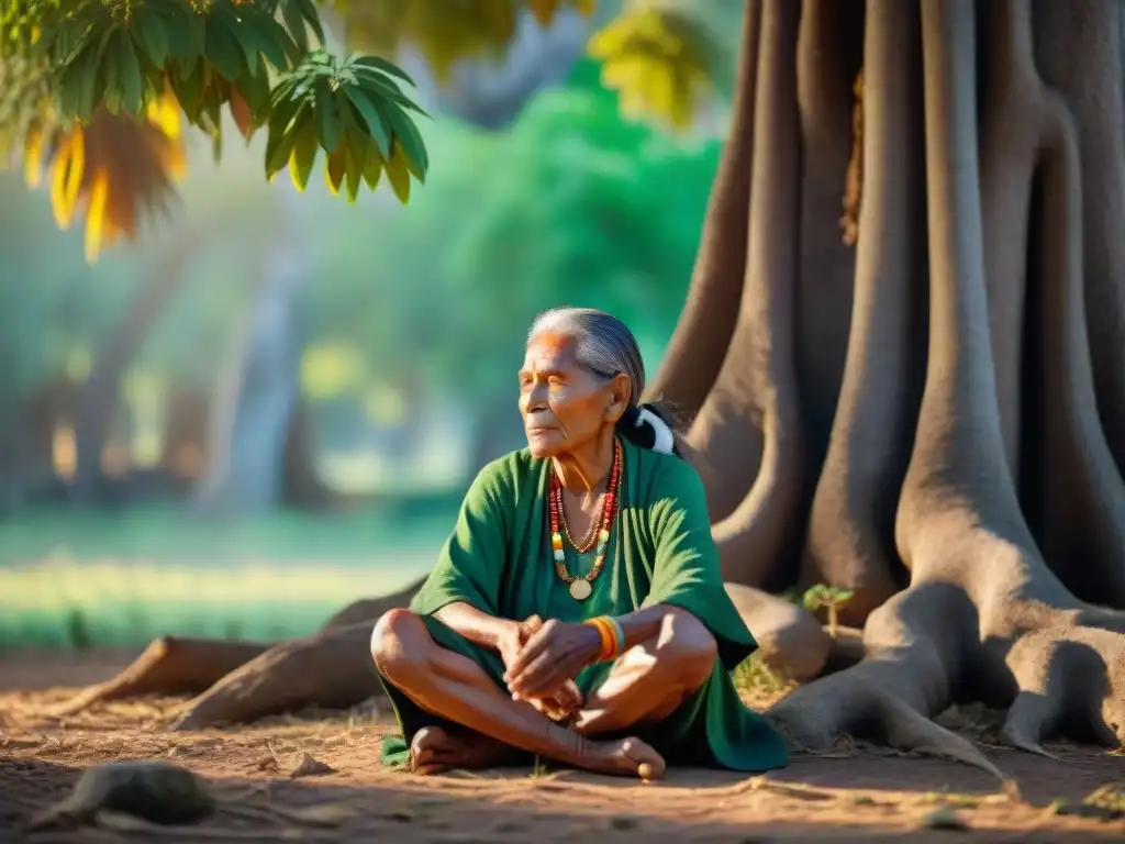 Anciana sanadora indígena en la naturaleza con hierbas medicinales, Medicina tradicional indígena sanación