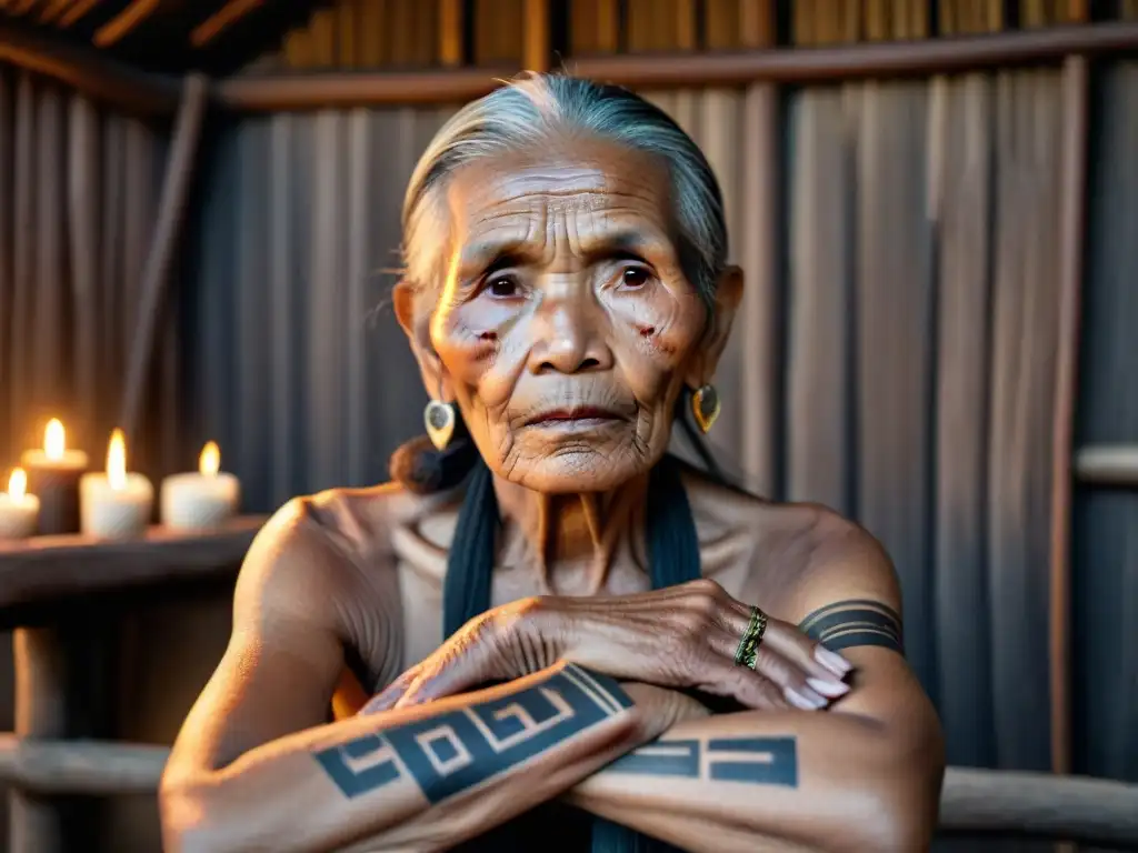 Una anciana de la tribu Kalinga en Filipinas, con tatuajes que simbolizan el significado de las culturas indígenas, iluminada por velas en una choza