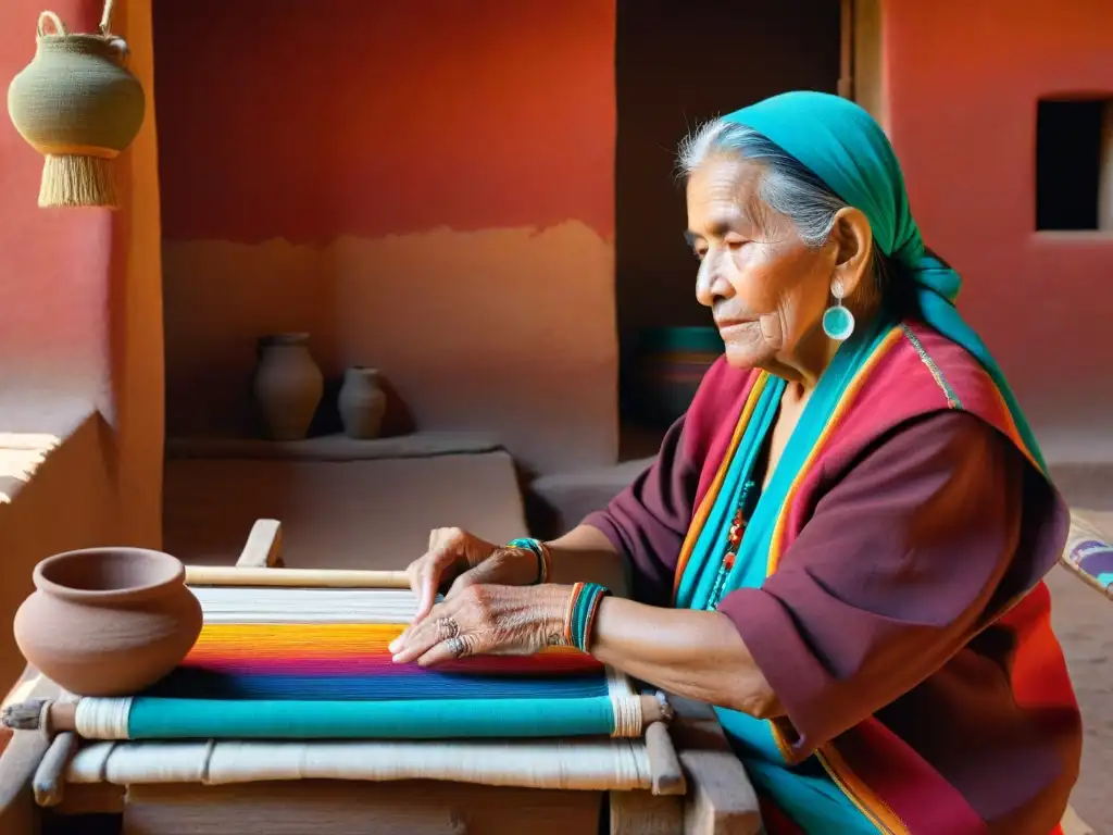 Una anciana Zapoteca teje con maestría un textil vibrante en un telar de madera, reflejando Tradiciones Zapotecas en el Siglo XXI