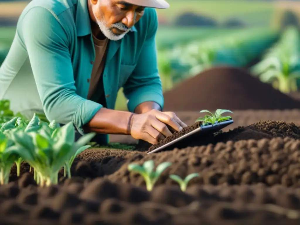 Un anciano agricultor indígena enseña a una joven sobre biofertilizantes sostenibles en un campo verde